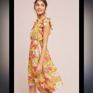 NWOT Anthropologie Dolan Gold Floral Ruffled Dress Size XL